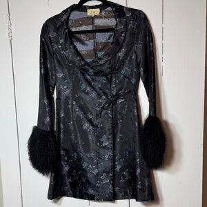 Vintage Italian Black Brocade Jacket with Yak Fur Cuffs Absolutely Stunning
